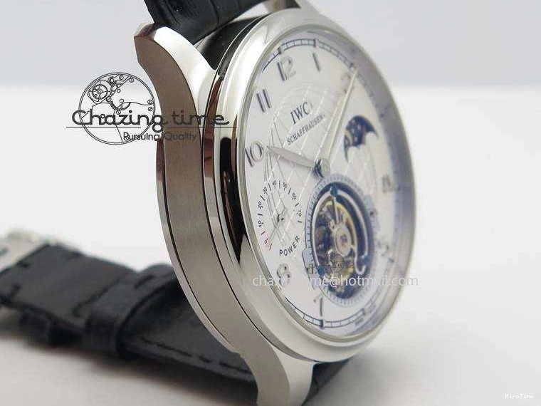 MIROTIME 0120 UrbanStyle Portuguese Tourbillon Power Reserve Moonphase SS White Dial On Black Leather Strap 7318